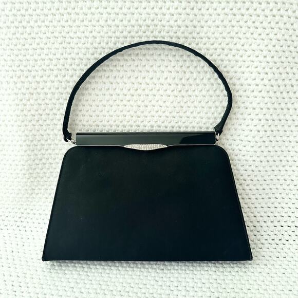 Crown Lewis Black Satin Evening Top Handle Clutch Mini Box Satchel Crystal Clasp - Picture 12 of 14